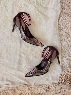 Rare Miu Miu Burgundy reptile patent leather mesh Pointed toe ankle strap Heels